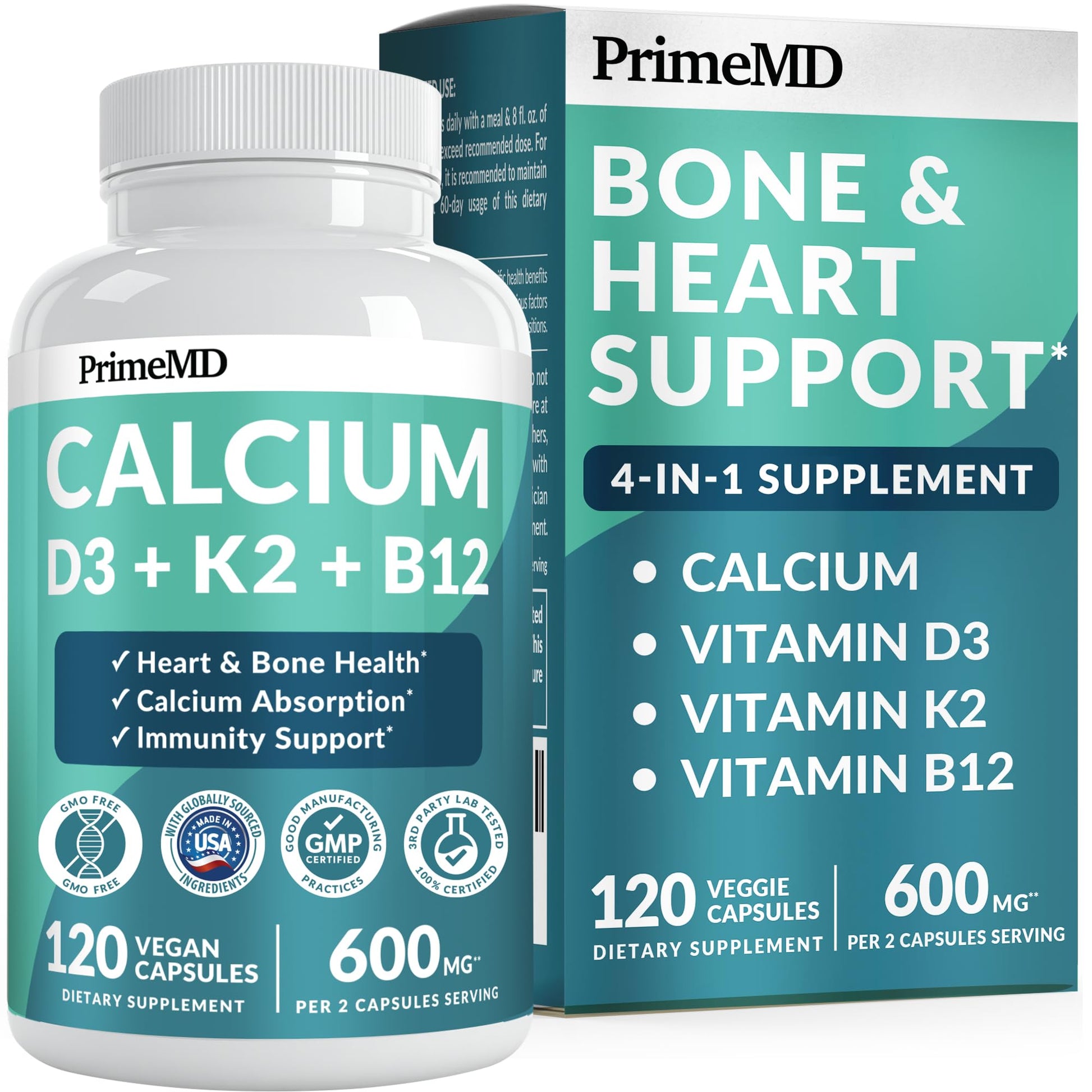 4-in-1 Calcium Supplements for Women & Men - Calcium Citrate with D3 K2 Vitamin 5000 IU - Calcium 600mg with Vitamin D3 K2 - Everyday Vitality Supplement - PrimeBioHealth - canada supplements