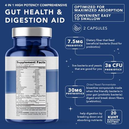 4-in-1 Gut Health Support – Prebiotics + Probiotics + Postbiotics + Digestive Enzymes – DE111 Spore Probiotic for Digestive Support & Bloating - PrimeBioHealth - canada supplements