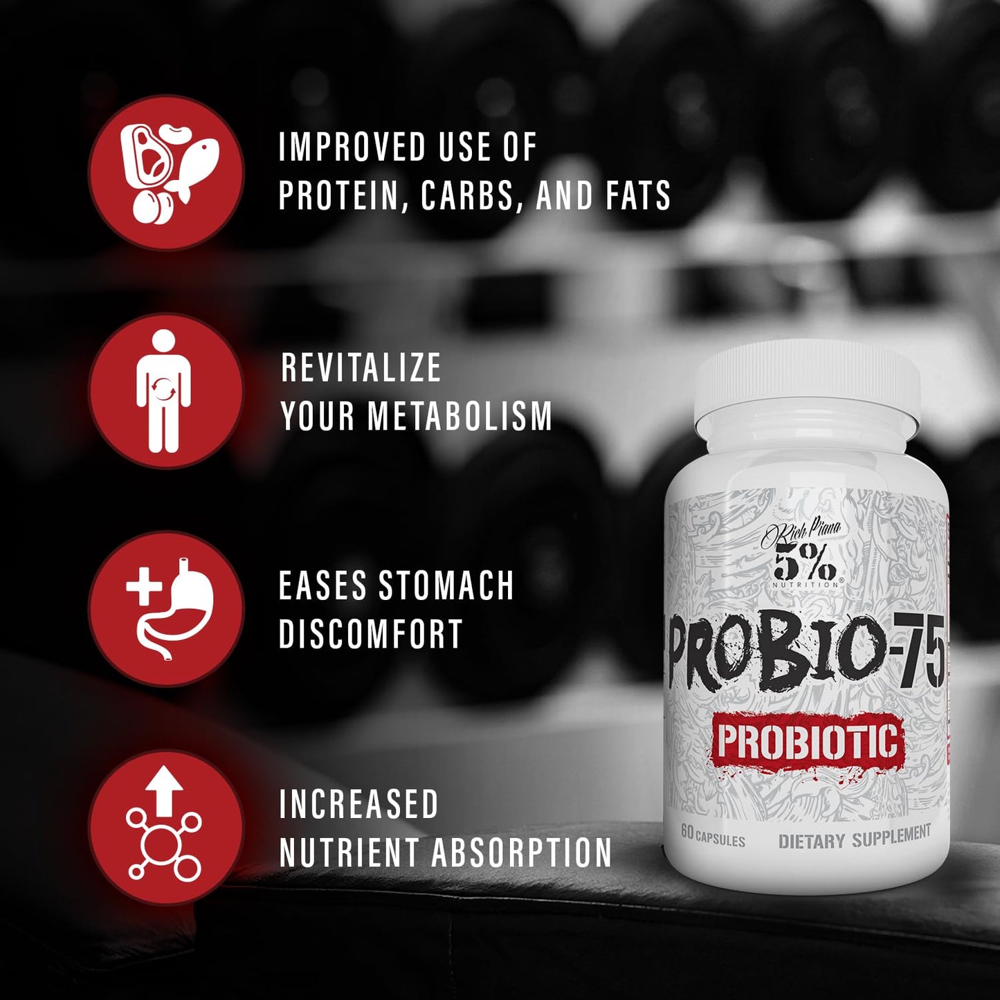5% Nutrition Rich Piana Probio-75 Billion CFUs | Vegan, 14 Unique Strains - PrimeBioHealth - canada supplements