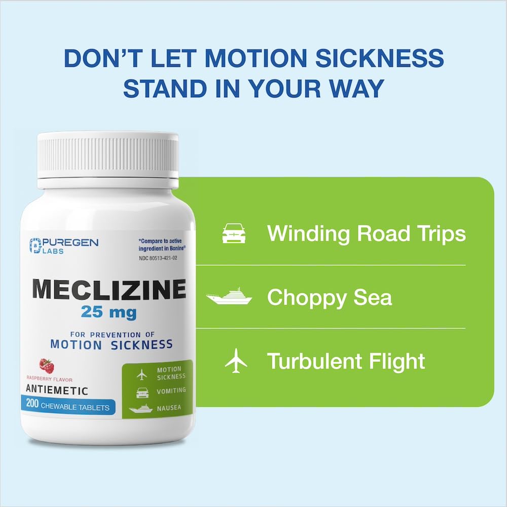 Puregen Labs Meclizine 25 mg Antiemetic 200 chewable Tablets | Motion Sickness Relief - Prevent Nausea, Vomiting, and Dizziness | Dairy Free | Value Pack – 200 chewable Tablets P Puregen Labs buy supplements Au