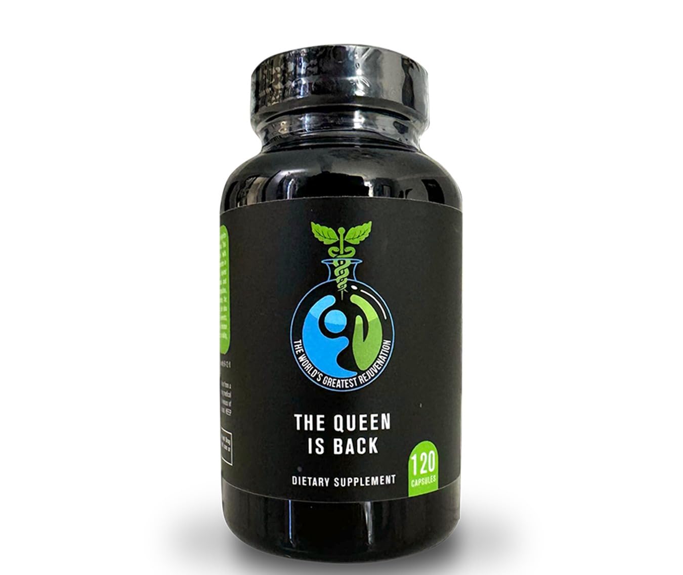 Black dietary supplement bottle with label on a white background