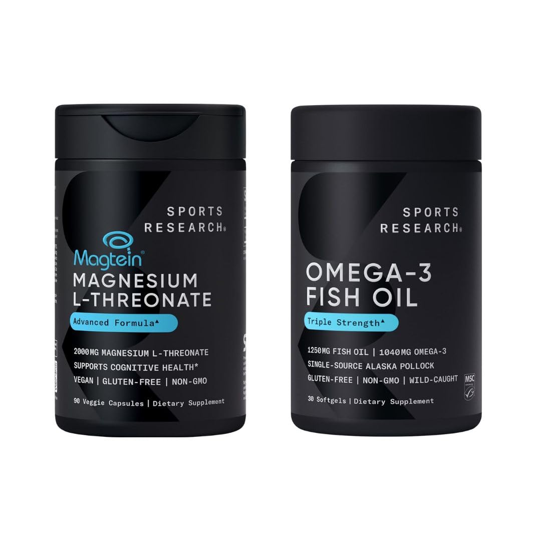 Sports Research® Cognitive Health Support Pack - Triple Strength Omega 3 Fish Oil EPA DHA Fatty Acids from Wild Alaskan Pollock & Magtein Magnesium L-Threonate Sports Research buy supplements Au
