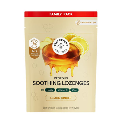 Beekeeper's Naturals Soothing Honey Ginger Lemon Cough Drops - Immune Support with Vitamin D, Zinc and Propolis Throat Soothing Lozenges, 24 Ct