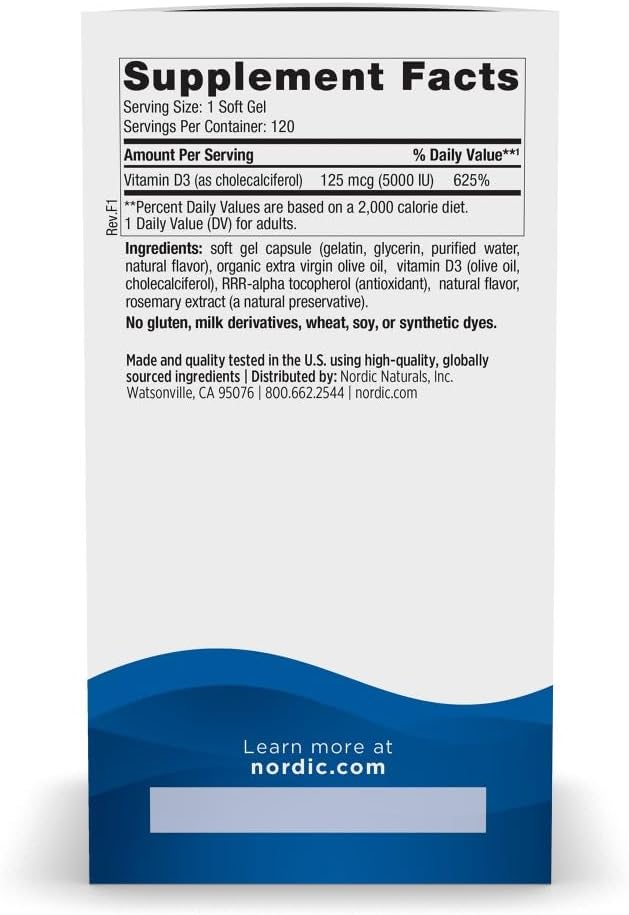Nordic Naturals Vitamin D3 5000 IU,Non-GMO, Orange - 120 Mini Softgels | High-potency vitamin D3 for bone health, mood support & immune function. One mini softgel daily. Non-GMO. 120 servings