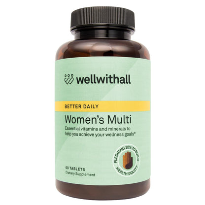 Bottle of wellwithall Women's Multi vitamins on a white background