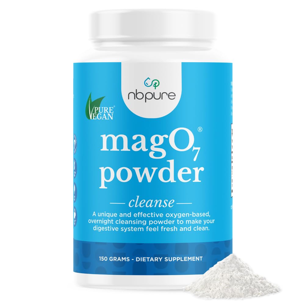 Container of magO7 powder with blue label and white powder on a white background