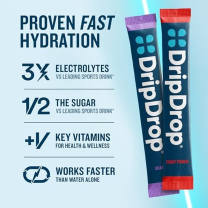 DripDrop Hydration Juicy Sunburst Variety Bundle Electrolyte Packets, 32 Ct | Grape, Fruit Punch, Strawberry Lemonade, Cherry, Lemon Lime, Strawberry, Peach, Black Cherry; Single Serve Powder Drink Mix
