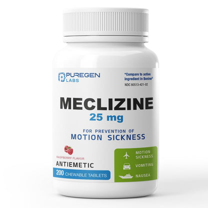 Puregen Labs Meclizine 25 mg Antiemetic 200 chewable Tablets | Motion Sickness Relief - Prevent Nausea, Vomiting, and Dizziness | Dairy Free | Value Pack – 200 chewable Tablets P Puregen Labs buy supplements Au