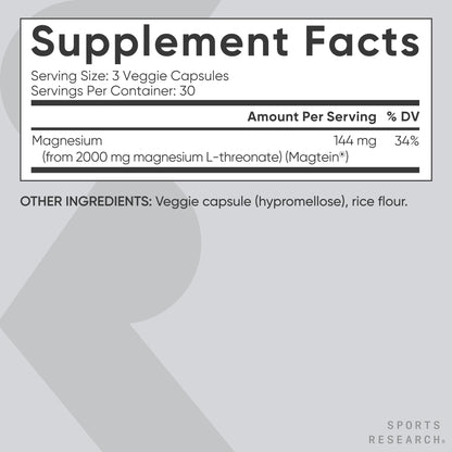 Sports Research® Magnesium L-Threonate Capsules 2000mg - High-Absorption Magtein® for Enhanced Brain Health, Memory, Focus & Restful Sleep Support - Vegan · Non-GMO · Gluten Free - 90 Count Sports Research buy supplements Au
