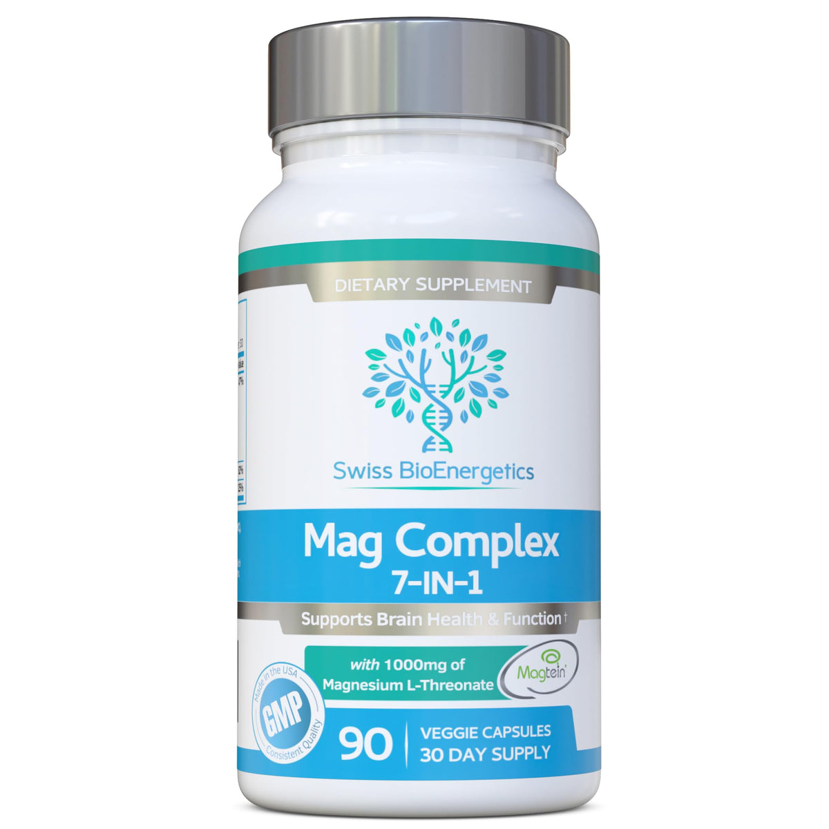 Supplement bottle labeled 'Mag Complex 7-IN-1' by Swiss BioEnergetics on a white background