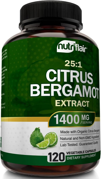 NutriFlair Organic Citrus Bergamot 1400mg, 120 Capsules - 25:1 Bergamia - Essential Oil and Citrus Bioflavonoids - Natural Heart Health Supplements for Women and Men - Non-GMO Pills