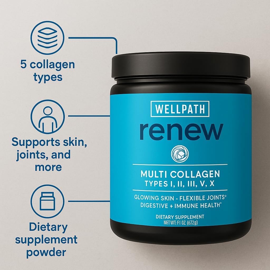 WellPath Multi Collagen Peptides Powder for Women | Renew Multi Collagen Protein for Hair, Nails, Skin | Hydrolyzed Bovine, Marine, & Chicken Sources | Types I, II, III, V, X | 11 oz | 40 Servings WellPath buy supplements Au