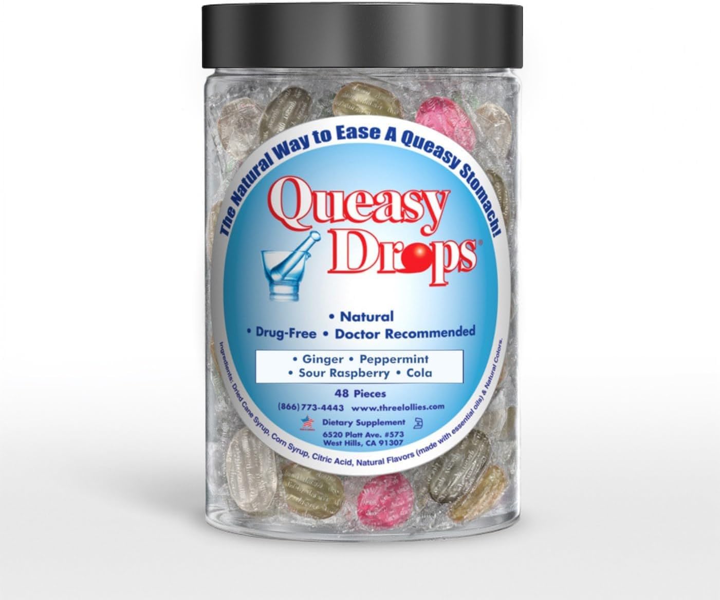 Three Lollies Queasy Drops- Supports Motion Sickness Relief. Also Pregnancy & Morning Sickness Relief. Stomach Settle Drops Assorted 48 Count