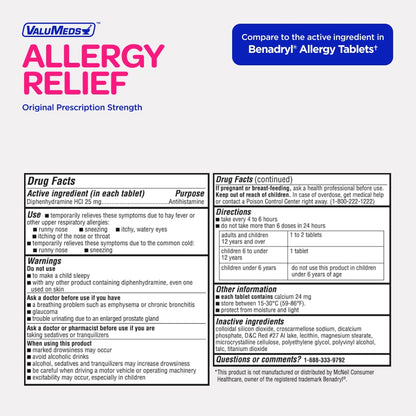 ValuMeds Allergy Medicine Antihistamine, Diphenhydramine HCl 25 mg | Children and Adults | Relieve Itchy Eyes, Runny Nose, Sneezing (25 mg, 600 Count) ValuMeds buy supplements Au
