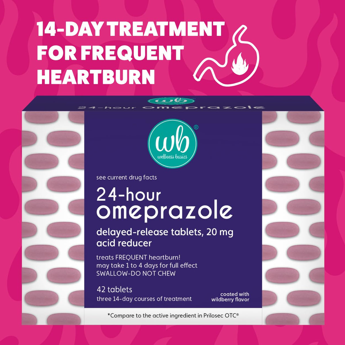Wellness Basics Omeprazole 20mg Delayed Release | Acid Reducer | 42 Count | Tablet | Treats Frequent Heartburn (Wildberry)