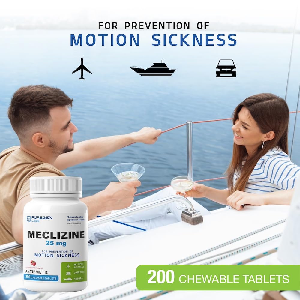 Puregen Labs Meclizine 25 mg Antiemetic 200 chewable Tablets | Motion Sickness Relief - Prevent Nausea, Vomiting, and Dizziness | Dairy Free | Value Pack – 200 chewable Tablets P Puregen Labs buy supplements Au