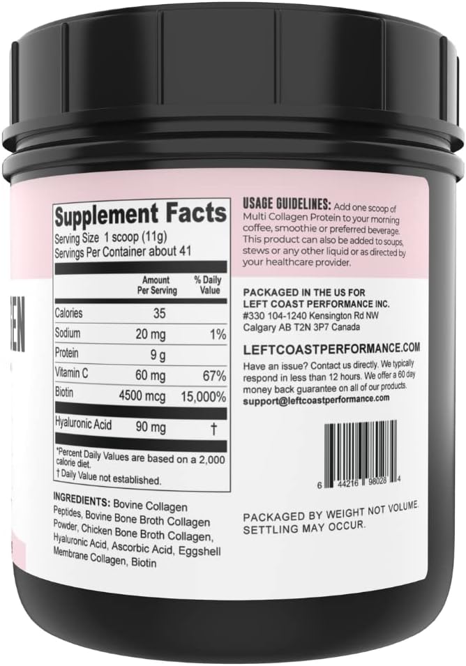 Left Coast Performance Pure Bone Broth and Multi Collagen Powder for Joint, Hair, Skin, and Nails Support
