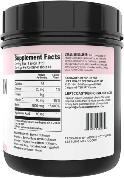 Left Coast Performance Pure Bone Broth and Multi Collagen Powder for Joint, Hair, Skin, and Nails Support