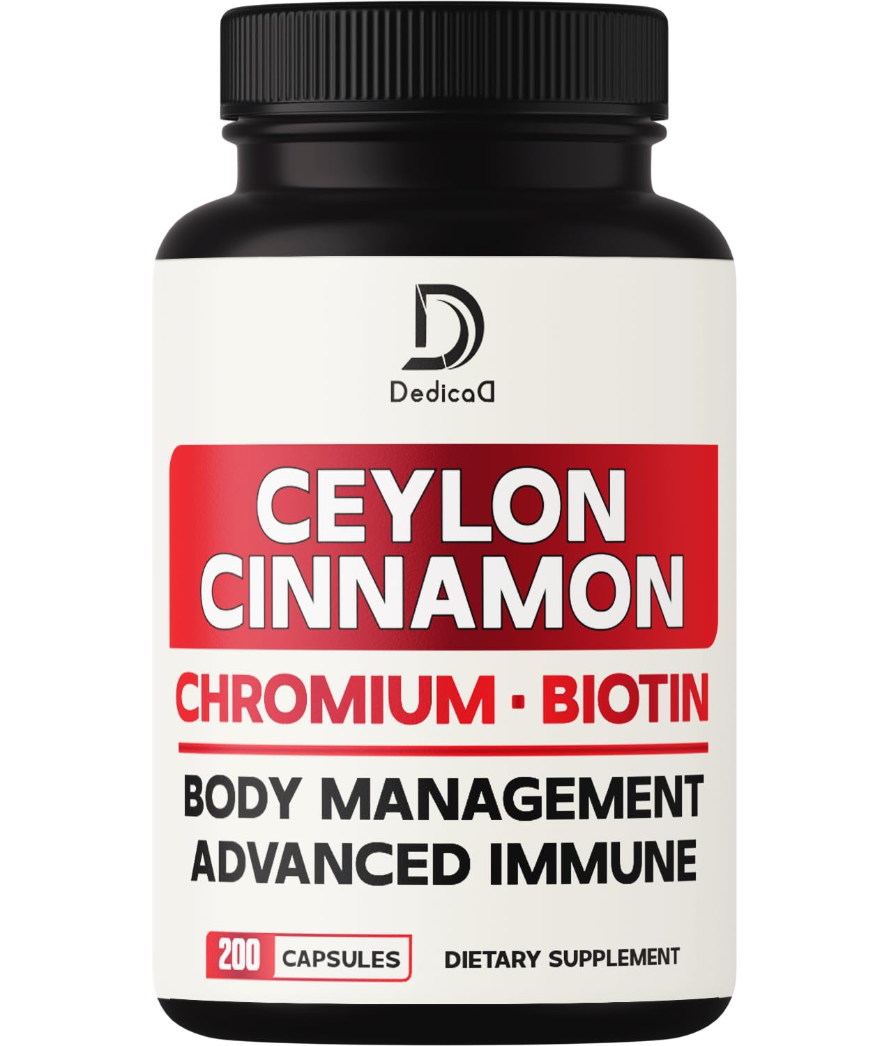 Supplement bottle labeled 'Ceylon Cinnamon, Chromium, Biotin' with brand logo on a white background