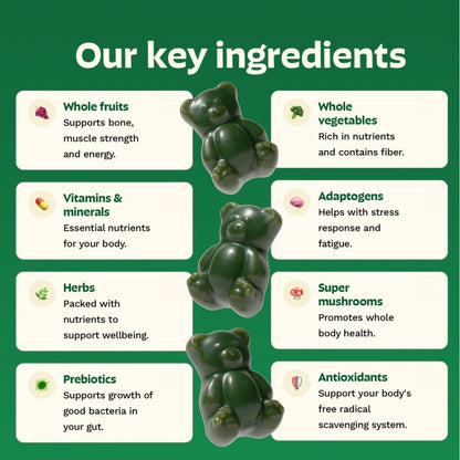 Gruns Sugar-Free Super Greens Gummies, Multivitamin Superfood Gummy Bears, Spirulina, Chlorella, Prebiotics & Fiber gummies for Digestive Health, Adaptogens Supplement, 20 Vitamins & Minerals, 10 pack GrünsBuy Supplements Australia