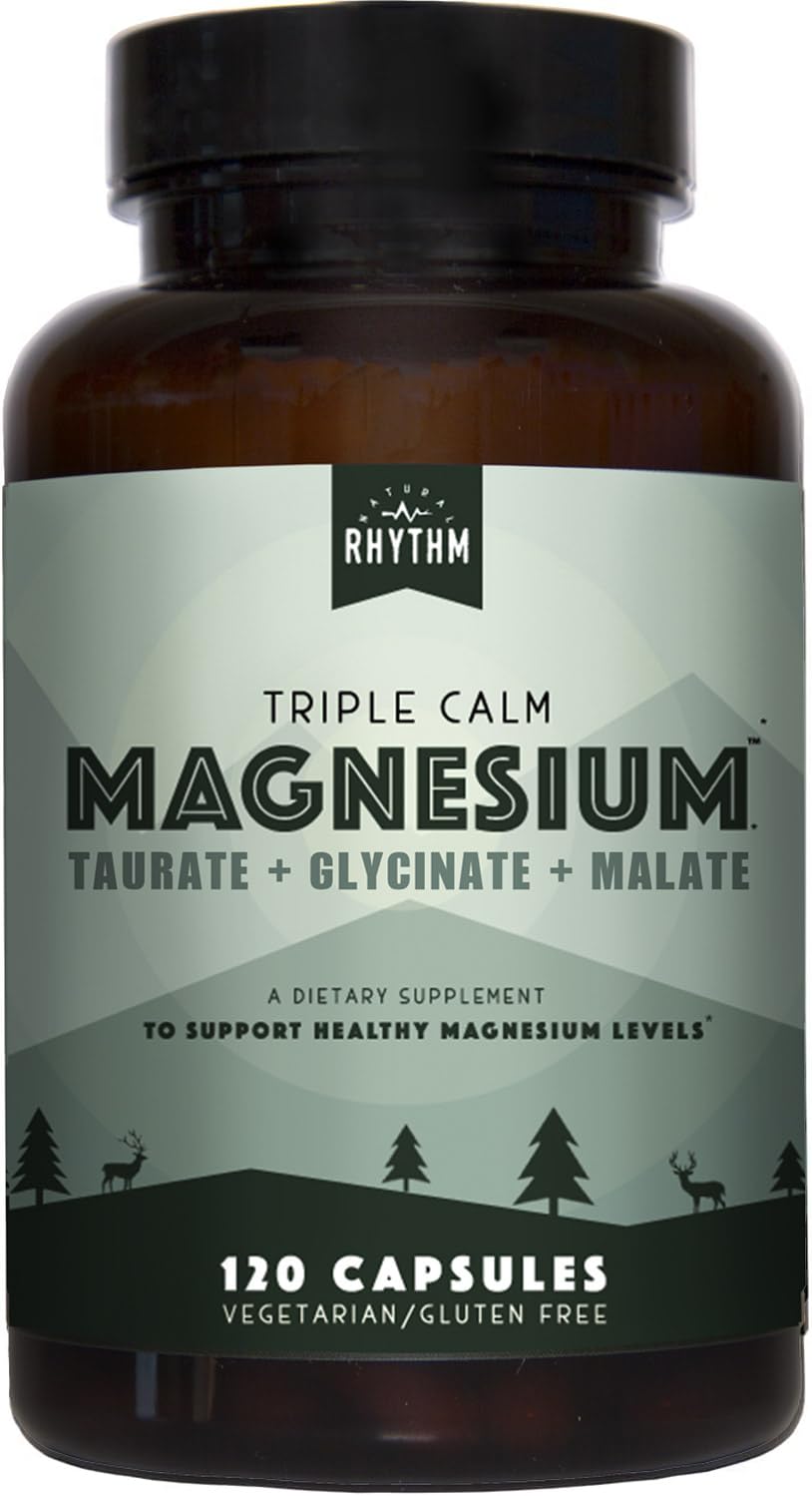 Supplement bottle labeled 'Triple Calm Magnesium' by Rhythm on a white background