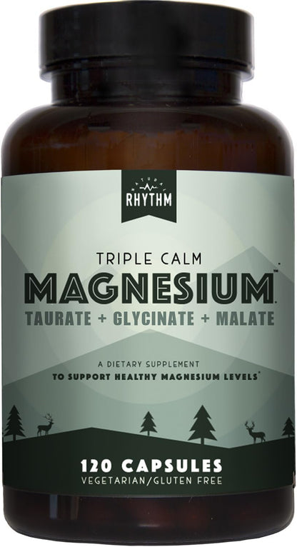 Supplement bottle labeled 'Triple Calm Magnesium' by Rhythm on a white background