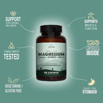 Natural Rhythm Triple Calm Magnesium Complex - 120 Capsules, Chelated Magnesium Glycinate, Taurate & Malate, High Absorption Supplement for Sleep, Stress, Muscle & Heart Support, Non-GMO, Vegan Natural Rhythm buy supplements Au