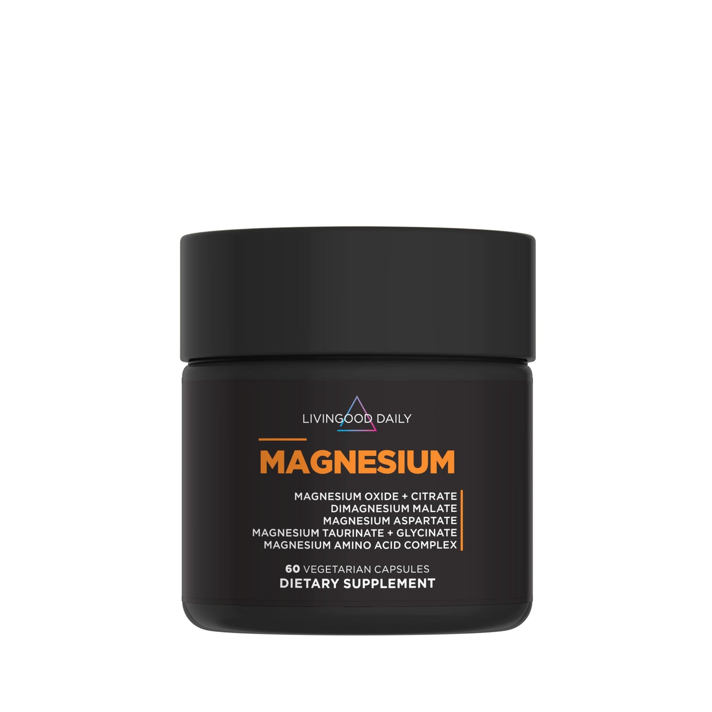 Black supplement jar labeled 'Livingood Daily Magnesium' on a white background