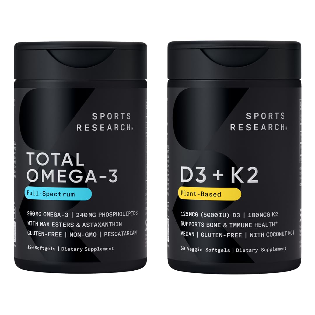 Sports Research® 2-in-1 Pack - Total Omega-3 Fish Oil 2200mg - 960mg of EPA & DHA, and Vitamin D3 5000iu + K2 100mcg Sports Research buy supplements Au