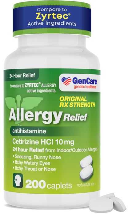 GenCare - Cetirizine HCL 10 mg (200 Caplets) - 24 Hour Allergy Relief Pills - Non Drowsy Generic OTC Allergy Medication - Antihistamine Medicine for Sneezing, Runny Nose & Itchy Eyes - Generic Zyrtec GenCare buy supplements Au