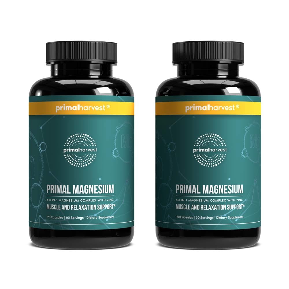 Two bottles of Primal Magnesium supplement by Primal Harvest on a white background