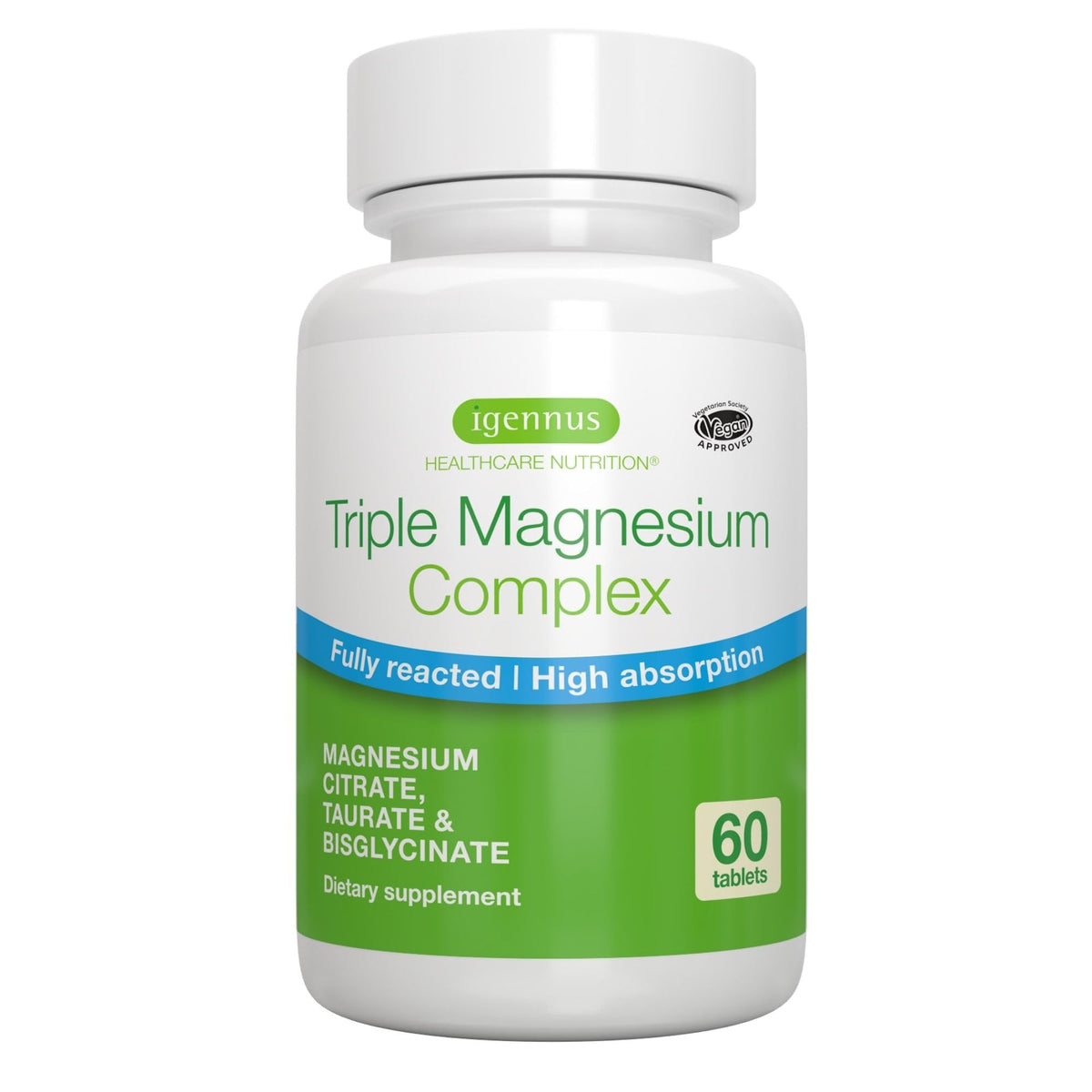 Supplement bottle labeled 'Triple Magnesium Complex' by igennus on a white background