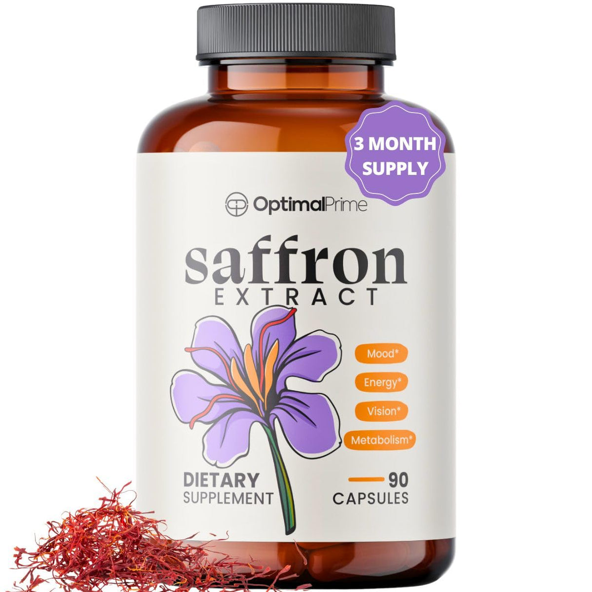 Optimal Prime Saffron Supplement - 100% Pure Saffron Extract 88.5mg - Helps Support Optimal Mood, Energy, and Metabolism, Vegetarian Friendly, Non-GMO, Gluten-Free, Soy-Free, 90 Capsules
