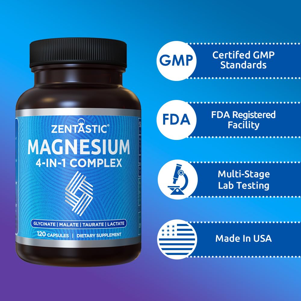 Zentastic Magnesium Complex 4-in-1 Supplement – Magnesium Glycinate, Malate, Taurate & Lactate – Chelated High Absorption for Nerves,