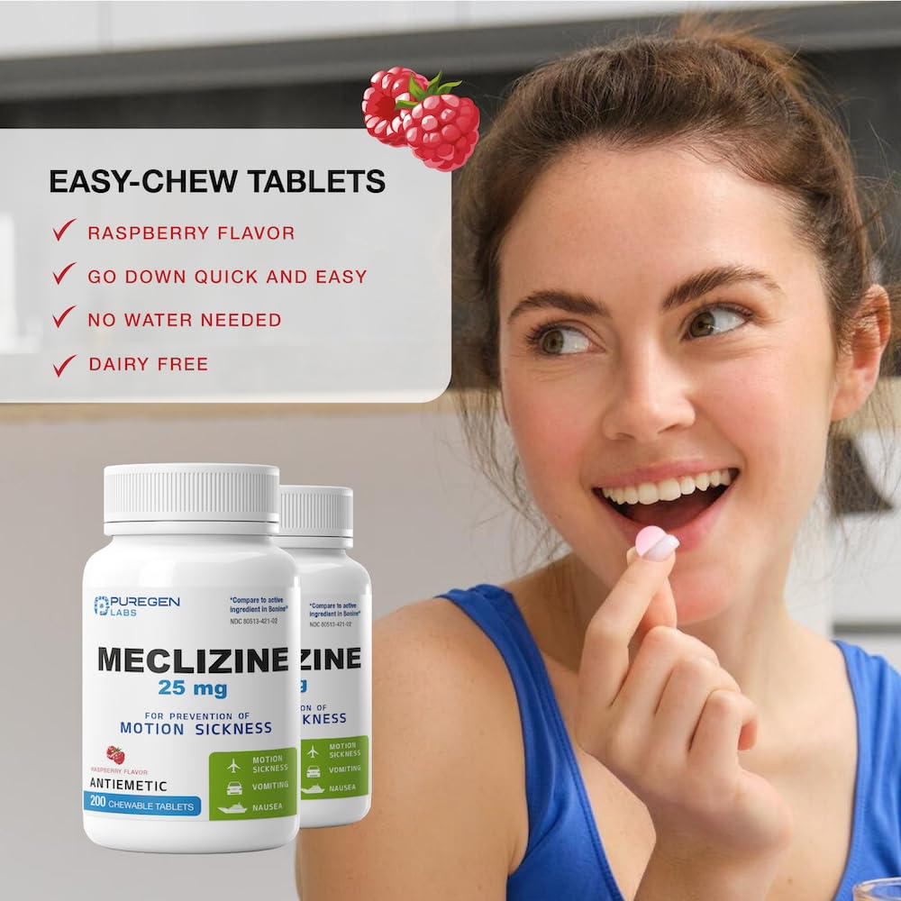 Puregen Labs Meclizine 25 mg Antiemetic 200 chewable Tablets | Motion Sickness Relief - Prevent Nausea, Vomiting, and Dizziness | Dairy Free | Value Pack – 200 chewable Tablets P Puregen Labs buy supplements Au