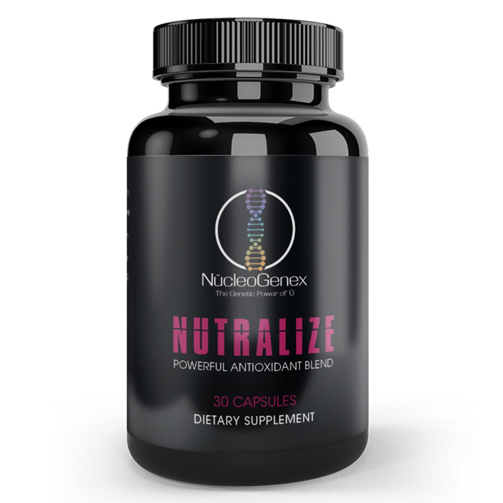 Black supplement bottle labeled 'Nutralize' by NucleoGenex on a white background