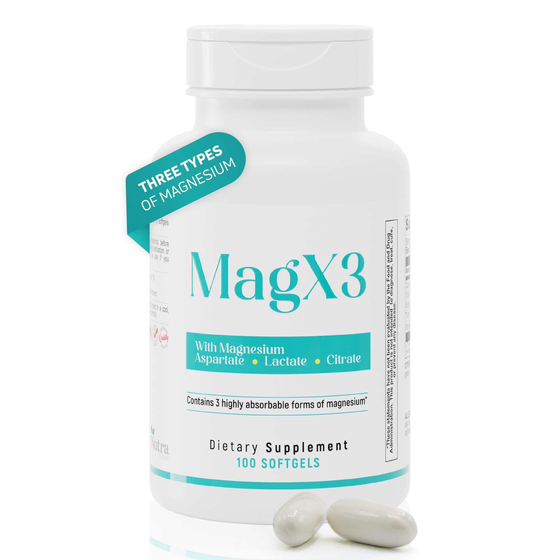 MagX3 dietary supplement bottle with two softgels on a white background