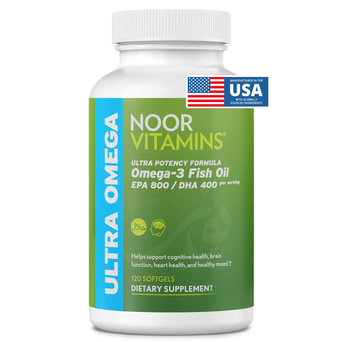 Noor Vitamins Halal Fish Oil, Halal Vitamins, Ultra Omega 3 Wild Peruvian Fish (800 mg EPA & 400 mg DHA) Heart, Brain & Joint Support, Non-GMO and Gluten Free (120 Count) Noor Vitamins buy supplements Au