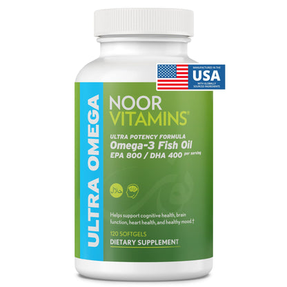 Noor Vitamins Halal Fish Oil, Halal Vitamins, Ultra Omega 3 Wild Peruvian Fish (800 mg EPA & 400 mg DHA) Heart, Brain & Joint Support, Non-GMO and Gluten Free (120 Count) Noor Vitamins buy supplements Au