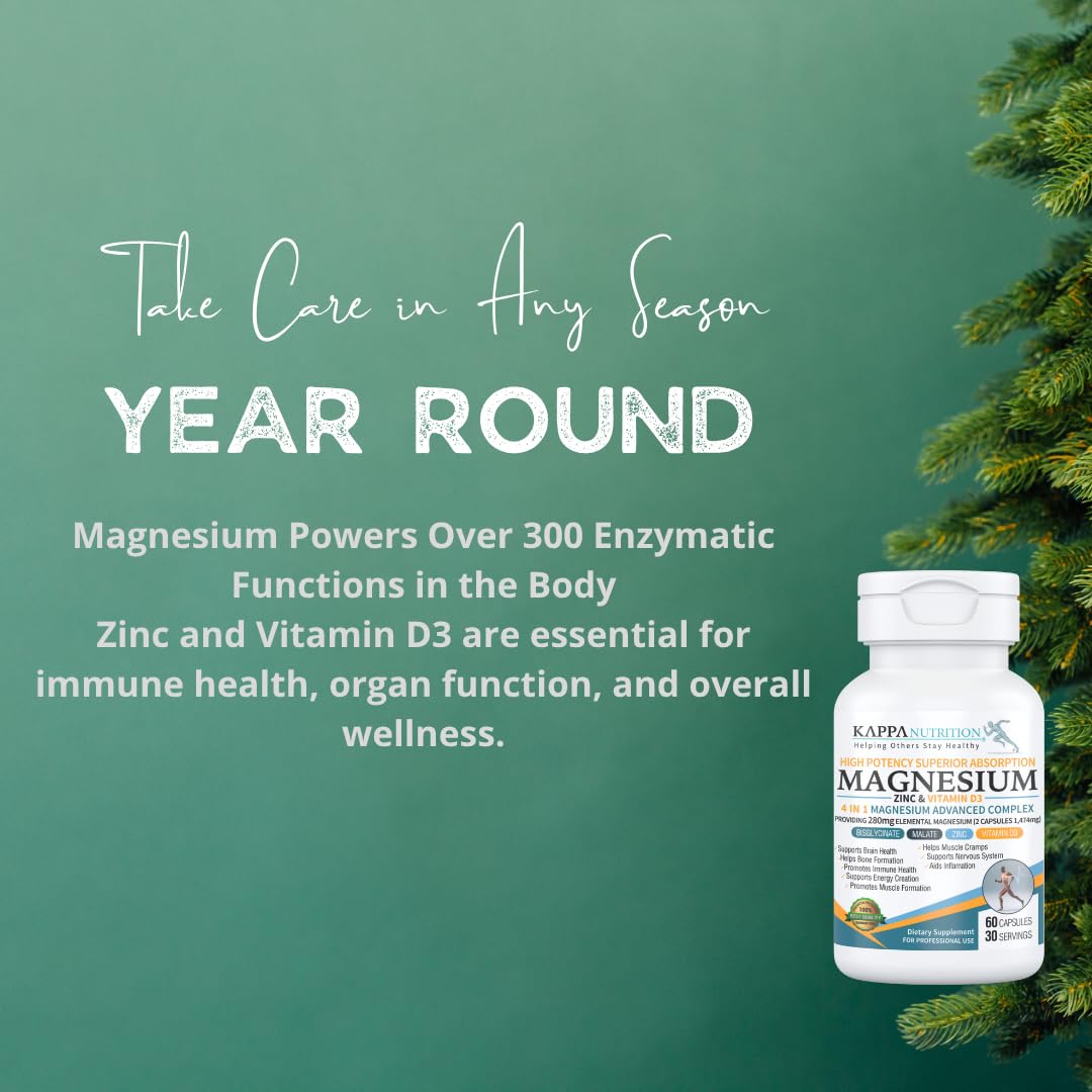 Kappa Nutrition Magnesium 4-in-1, 280mg Elemental Magnesium (Bisglycinate, Malate) + Zinc & Vitamin D3, Brain, Sleep, Energy, Muscle, Immune Support, 60 Vegan Capsules. KAPPA NUTRITION buy supplements Au