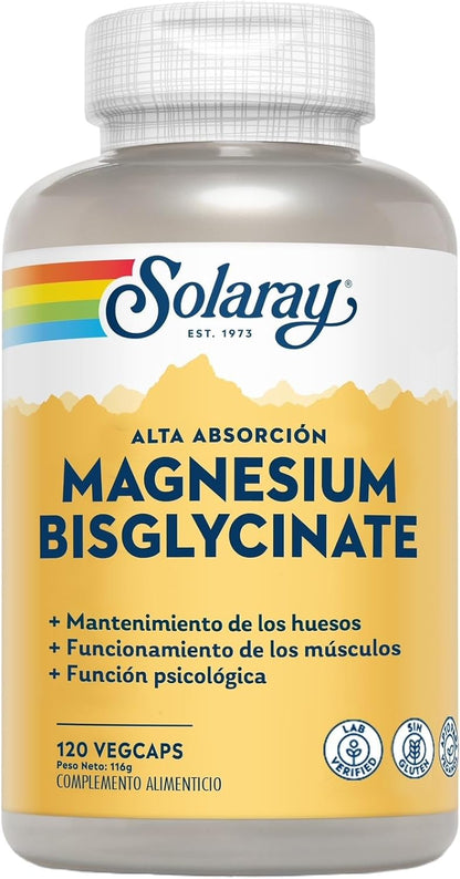 SOLARAY Magnesium Glycinate Capsules, Chelated Magnesium Bisglycinate w/BioPerine, Higher Absorption Magnesium Supplement - Bones, Muscles, Heart Support, Vegan (30 Servings, 120 VegCaps)