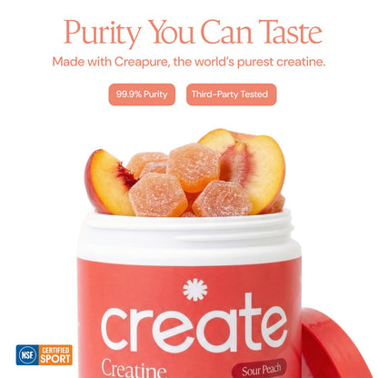 Create Creatine Monohydrate Gummies for Men & Women, Boost Focus, Strength, and Endurance, Anti-Melting Formula, Vegan, Gluten-Free, Non-GMO, 1.5g of Creatine per Gummy (Sour Peach) Create buy supplements Au