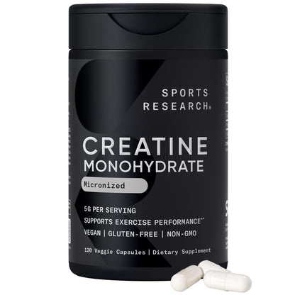 Sports Research® Creatine Monohydrate Capsules - Supports Workout Recovery, Lean Muscle gain, Performance and Strength* - Non-GMO, Vegan Certified - 5g per Servings - 30 Servings Sports Research buy supplements Au