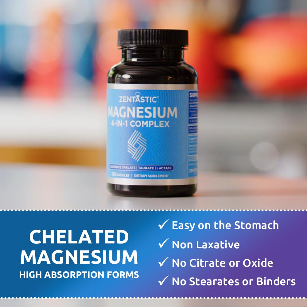 Zentastic Magnesium Complex 4-in-1 Supplement – Magnesium Glycinate, Malate, Taurate & Lactate – Chelated High Absorption for Nerves,