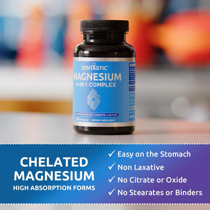 Zentastic Magnesium Complex 4-in-1 Supplement – Magnesium Glycinate, Malate, Taurate & Lactate – Chelated High Absorption for Nerves,