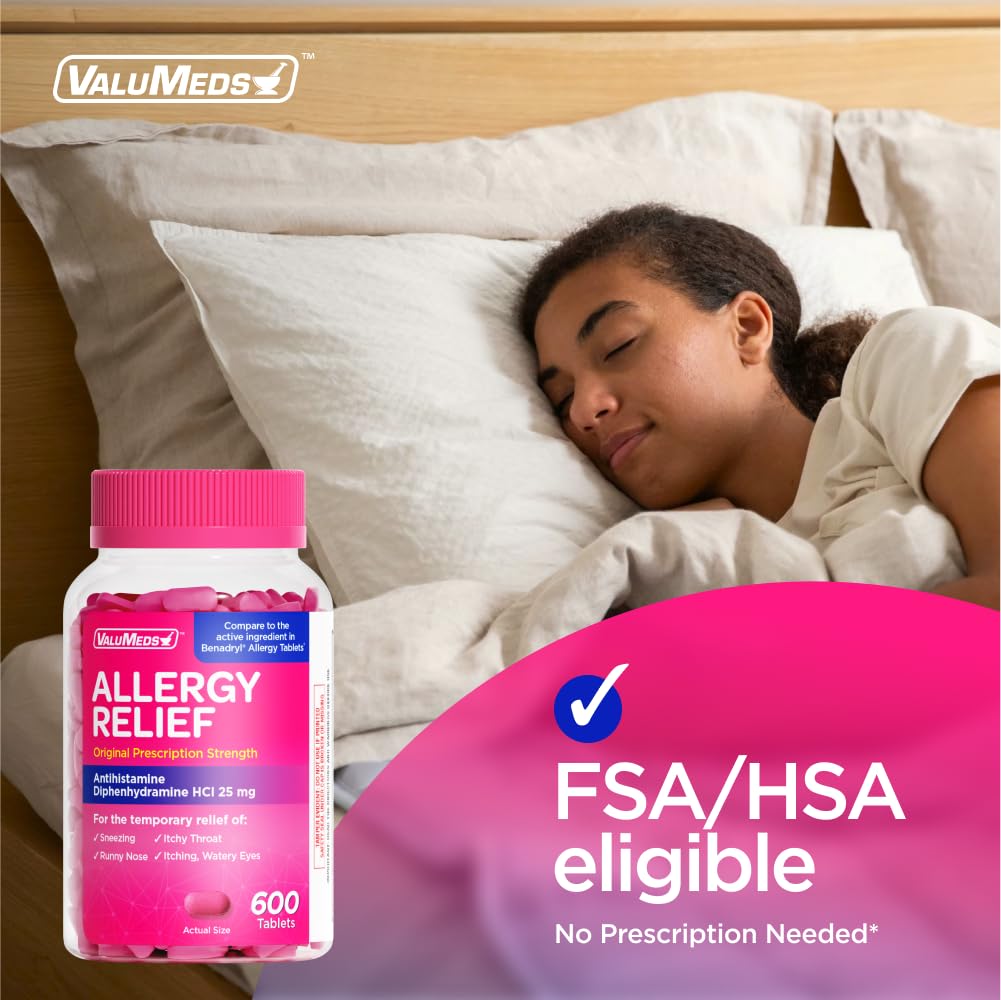 ValuMeds Allergy Medicine Antihistamine, Diphenhydramine HCl 25 mg | Children and Adults | Relieve Itchy Eyes, Runny Nose, Sneezing (25 mg, 600 Count) ValuMeds buy supplements Au