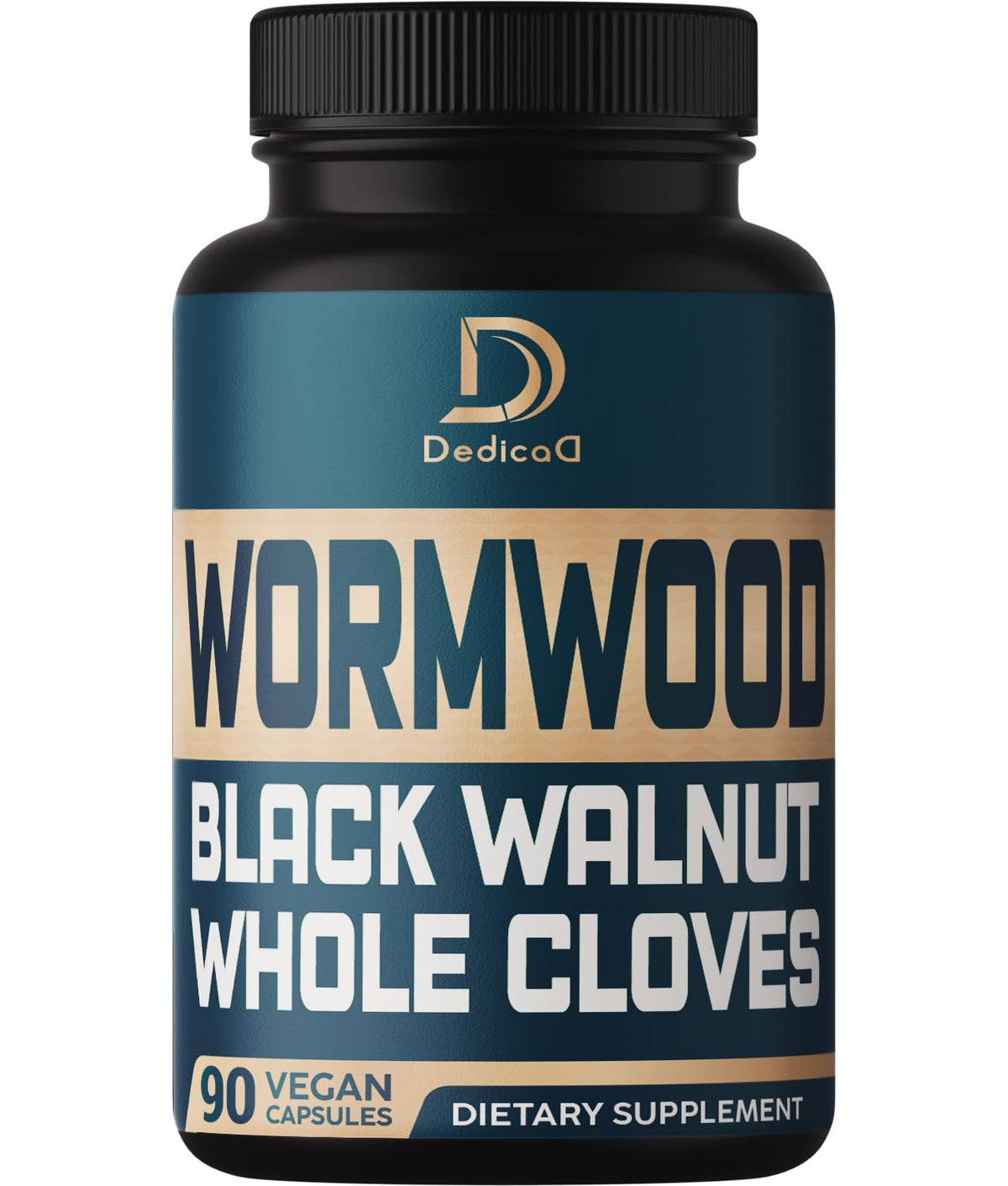 Supplement bottle labeled 'Wormwood, Black Walnut, Whole Cloves' by Dedica on a white background