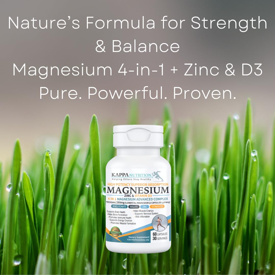 Kappa Nutrition Magnesium 4-in-1, 280mg Elemental Magnesium (Bisglycinate, Malate) + Zinc & Vitamin D3, Brain, Sleep, Energy, Muscle, Immune Support, 60 Vegan Capsules. KAPPA NUTRITION buy supplements Au