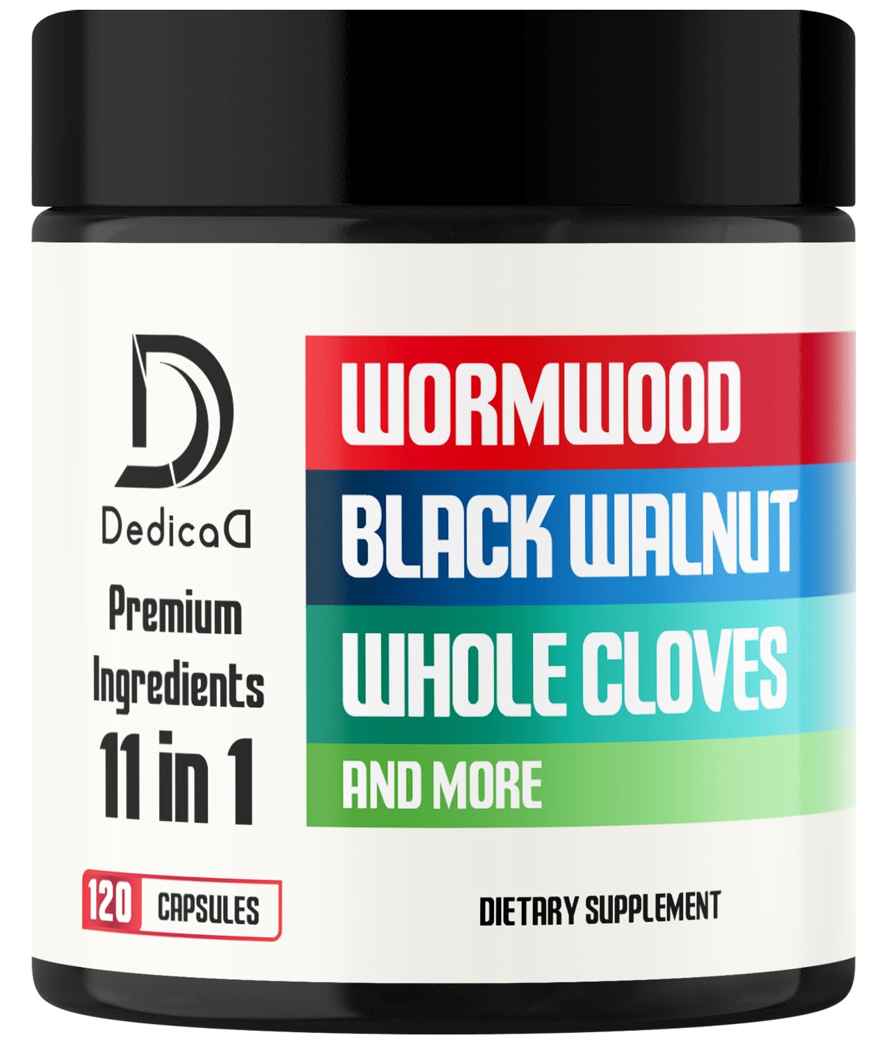 Dedica dietary supplement jar with ingredients listed on a white background