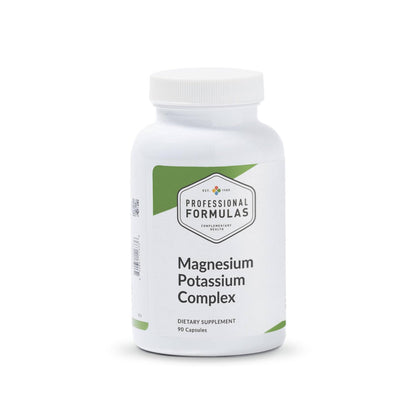 Supplement bottle labeled 'Magnesium Potassium Complex' on a white background